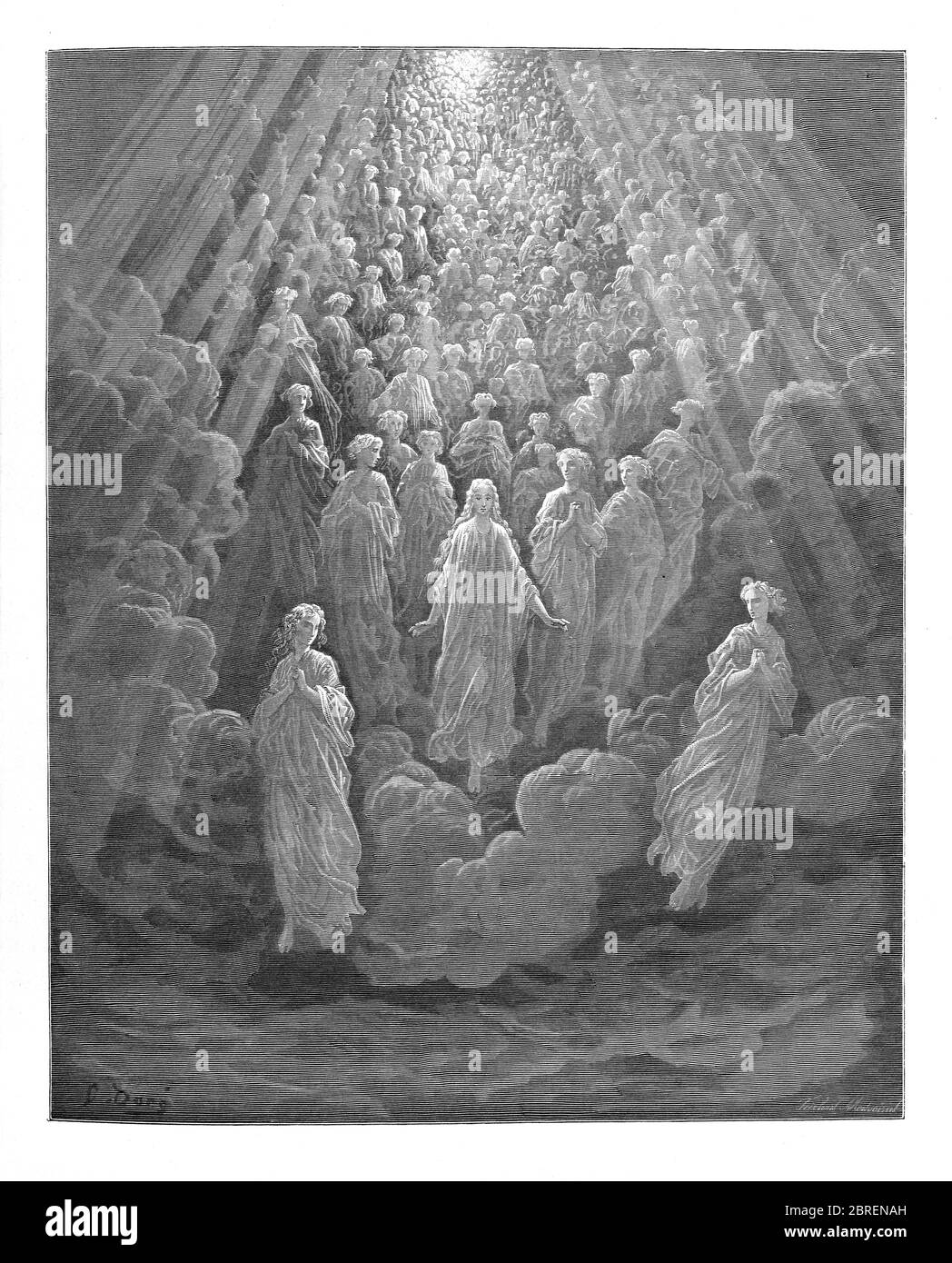 Paradiso ("Paradies" oder "Himmel") ist der dritte und letzte Teil von Dantes Göttlicher Komödie, nach dem Inferno und dem Purgatorio. Es ist eine Allegorie erzählt von Dantes Reise durch den Himmel, von Beatrice, die Theologie symbolisiert geführt. Das Paradies wird in dem Gedicht als eine Reihe konzentrischer Sphären dargestellt, die die Erde umgeben, bestehend aus Mond, Merkur, Venus, Sonne, Mars, Jupiter, Saturn, Fixsternen, Primummobil und schließlich Empyrean. Es wurde im frühen 14. Jahrhundert geschrieben. Allegorisch stellt das Gedicht den Aufstieg der Seele zu Gott dar. Aus der Göttlichen Komödie um 14. Jh. Stockfoto