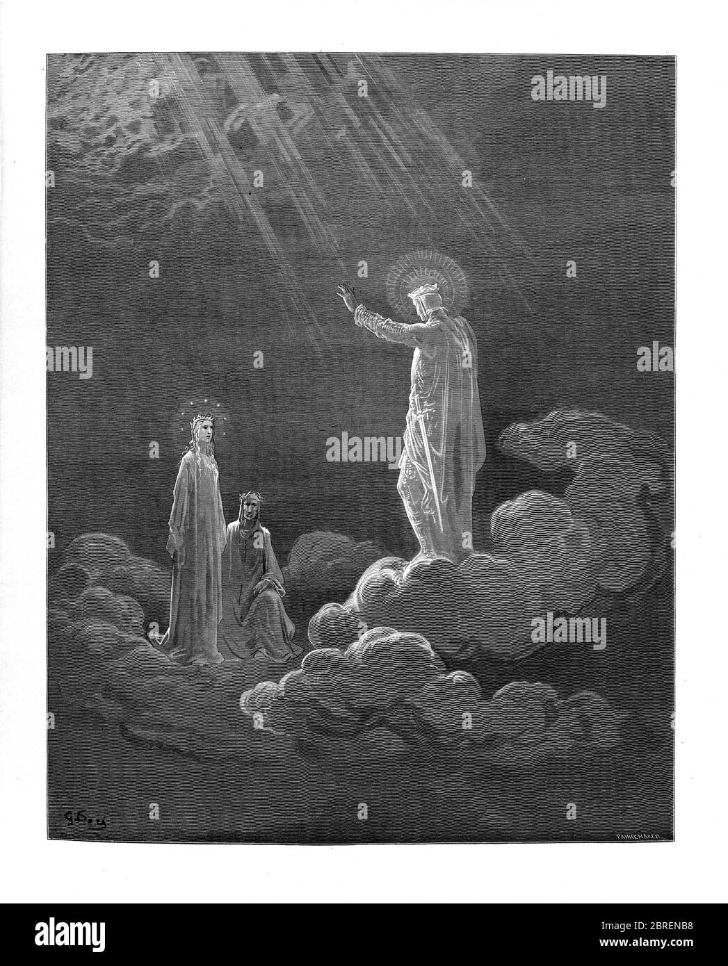 Paradiso ("Paradies" oder "Himmel") ist der dritte und letzte Teil von Dantes Göttlicher Komödie, nach dem Inferno und dem Purgatorio. Es ist eine Allegorie erzählt von Dantes Reise durch den Himmel, von Beatrice, die Theologie symbolisiert geführt. Das Paradies wird in dem Gedicht als eine Reihe konzentrischer Sphären dargestellt, die die Erde umgeben, bestehend aus Mond, Merkur, Venus, Sonne, Mars, Jupiter, Saturn, Fixsternen, Primummobil und schließlich Empyrean. Es wurde im frühen 14. Jahrhundert geschrieben. Allegorisch stellt das Gedicht den Aufstieg der Seele zu Gott dar. Aus der Göttlichen Komödie um 14. Jh. Stockfoto