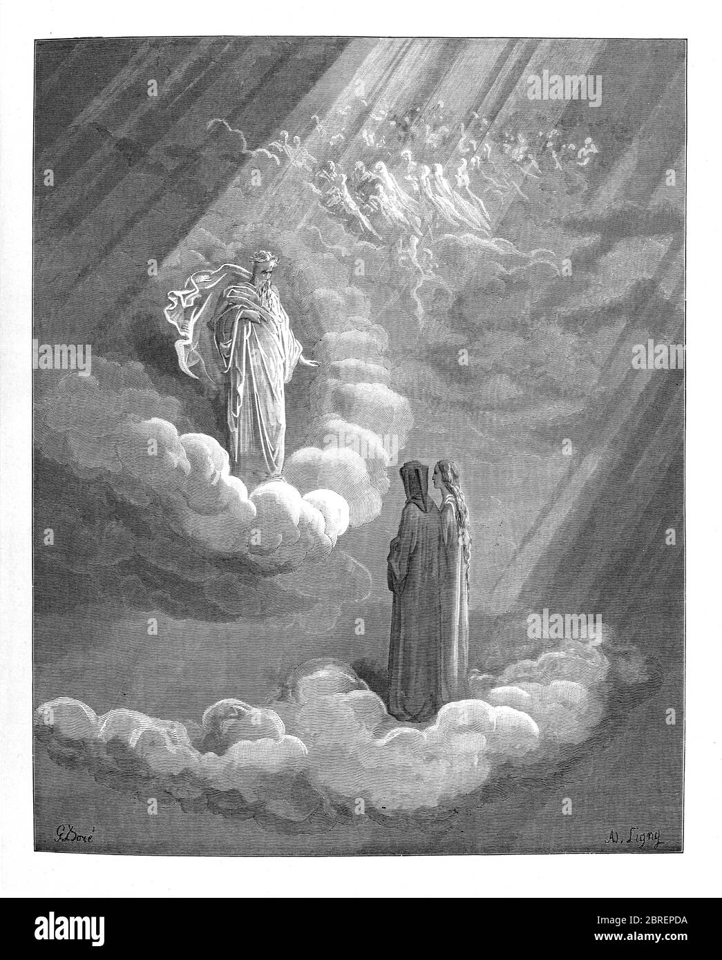 Paradiso ("Paradies" oder "Himmel") ist der dritte und letzte Teil von Dantes Göttlicher Komödie, nach dem Inferno und dem Purgatorio. Es ist eine Allegorie erzählt von Dantes Reise durch den Himmel, von Beatrice, die Theologie symbolisiert geführt. Das Paradies wird in dem Gedicht als eine Reihe konzentrischer Sphären dargestellt, die die Erde umgeben, bestehend aus Mond, Merkur, Venus, Sonne, Mars, Jupiter, Saturn, Fixsternen, Primummobil und schließlich Empyrean. Es wurde im frühen 14. Jahrhundert geschrieben. Allegorisch stellt das Gedicht den Aufstieg der Seele zu Gott dar. Aus der Göttlichen Komödie um 14. Jh. Stockfoto