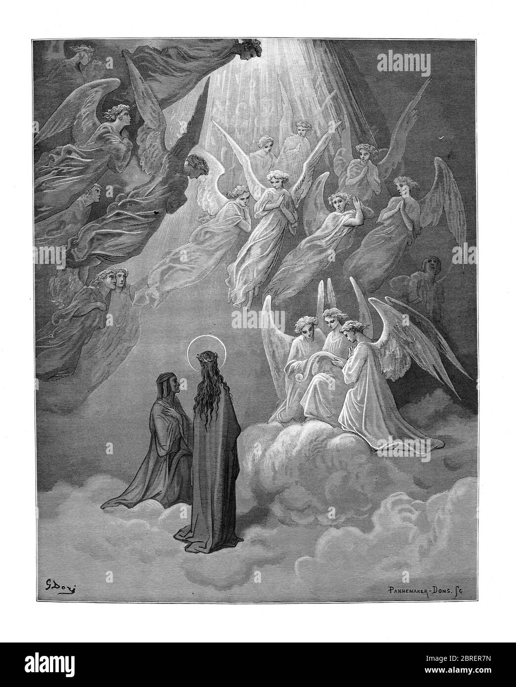 Paradiso ("Paradies" oder "Himmel") ist der dritte und letzte Teil von Dantes Göttlicher Komödie, nach dem Inferno und dem Purgatorio. Es ist eine Allegorie erzählt von Dantes Reise durch den Himmel, von Beatrice, die Theologie symbolisiert geführt. Das Paradies wird in dem Gedicht als eine Reihe konzentrischer Sphären dargestellt, die die Erde umgeben, bestehend aus Mond, Merkur, Venus, Sonne, Mars, Jupiter, Saturn, Fixsternen, Primummobil und schließlich Empyrean. Es wurde im frühen 14. Jahrhundert geschrieben. Allegorisch stellt das Gedicht den Aufstieg der Seele zu Gott dar. Aus der Göttlichen Komödie um 14. Jh. Stockfoto