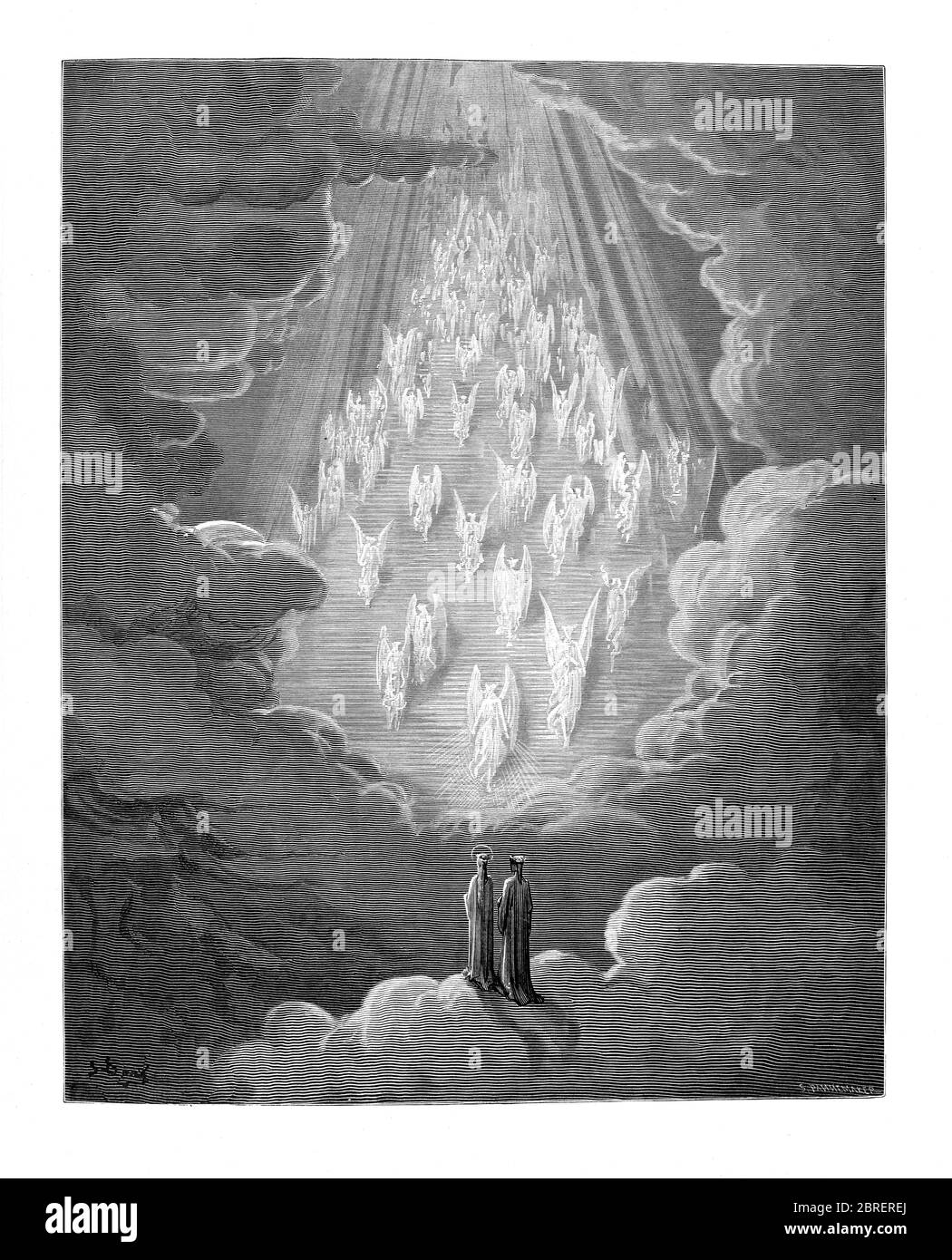 Paradiso ("Paradies" oder "Himmel") ist der dritte und letzte Teil von Dantes Göttlicher Komödie, nach dem Inferno und dem Purgatorio. Es ist eine Allegorie erzählt von Dantes Reise durch den Himmel, von Beatrice, die Theologie symbolisiert geführt. Das Paradies wird in dem Gedicht als eine Reihe konzentrischer Sphären dargestellt, die die Erde umgeben, bestehend aus Mond, Merkur, Venus, Sonne, Mars, Jupiter, Saturn, Fixsternen, Primummobil und schließlich Empyrean. Es wurde im frühen 14. Jahrhundert geschrieben. Allegorisch stellt das Gedicht den Aufstieg der Seele zu Gott dar. Aus der Göttlichen Komödie um 14. Jh. Stockfoto