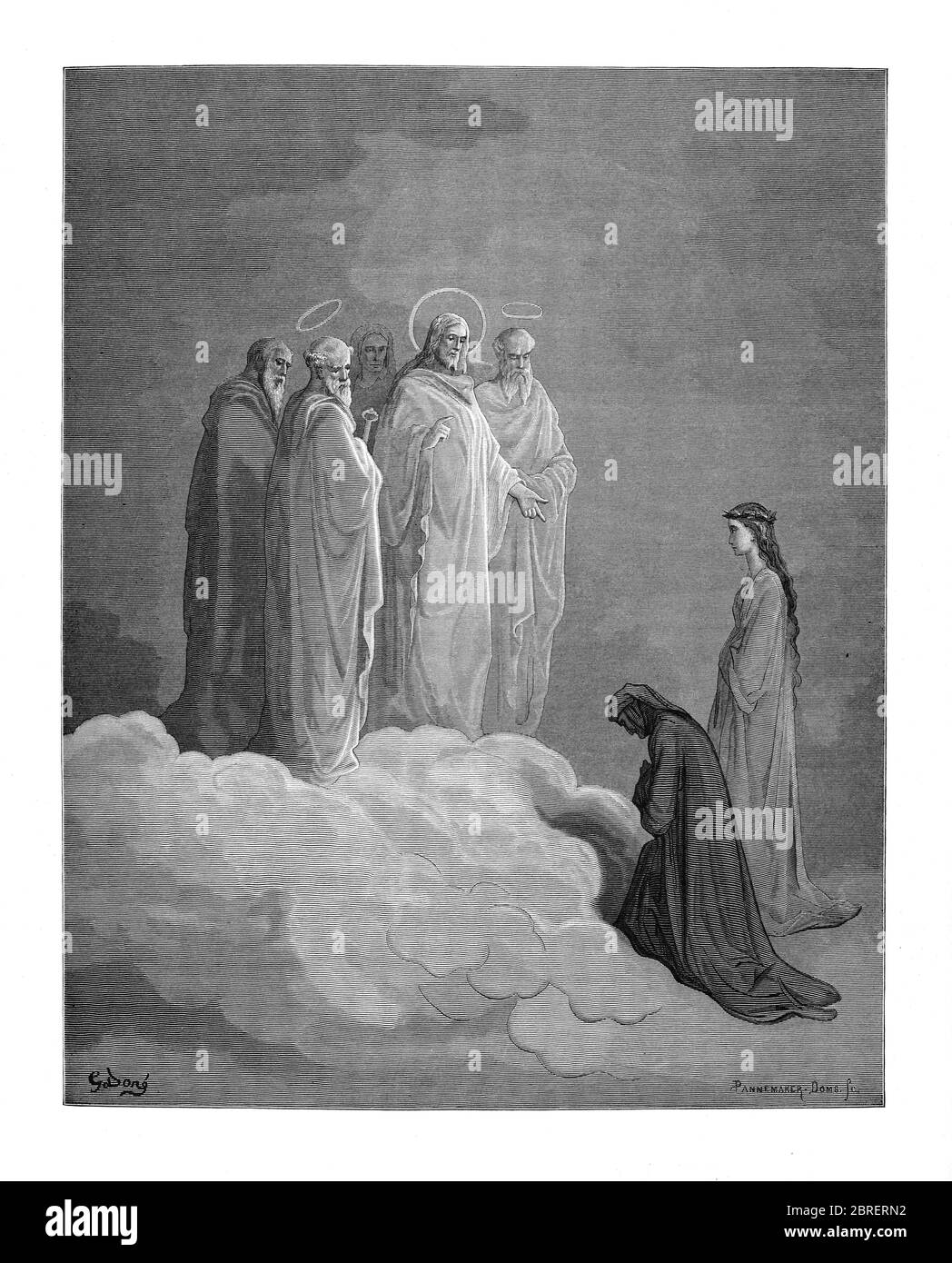 Paradiso ("Paradies" oder "Himmel") ist der dritte und letzte Teil von Dantes Göttlicher Komödie, nach dem Inferno und dem Purgatorio. Es ist eine Allegorie erzählt von Dantes Reise durch den Himmel, von Beatrice, die Theologie symbolisiert geführt. Das Paradies wird in dem Gedicht als eine Reihe konzentrischer Sphären dargestellt, die die Erde umgeben, bestehend aus Mond, Merkur, Venus, Sonne, Mars, Jupiter, Saturn, Fixsternen, Primummobil und schließlich Empyrean. Es wurde im frühen 14. Jahrhundert geschrieben. Allegorisch stellt das Gedicht den Aufstieg der Seele zu Gott dar. Aus der Göttlichen Komödie um 14. Jh. Stockfoto