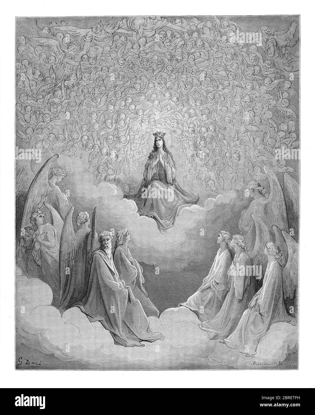 Paradiso ("Paradies" oder "Himmel") ist der dritte und letzte Teil von Dantes Göttlicher Komödie, nach dem Inferno und dem Purgatorio. Es ist eine Allegorie erzählt von Dantes Reise durch den Himmel, von Beatrice, die Theologie symbolisiert geführt. Das Paradies wird in dem Gedicht als eine Reihe konzentrischer Sphären dargestellt, die die Erde umgeben, bestehend aus Mond, Merkur, Venus, Sonne, Mars, Jupiter, Saturn, Fixsternen, Primummobil und schließlich Empyrean. Es wurde im frühen 14. Jahrhundert geschrieben. Allegorisch stellt das Gedicht den Aufstieg der Seele zu Gott dar. Aus der Göttlichen Komödie um 14. Jh. Stockfoto