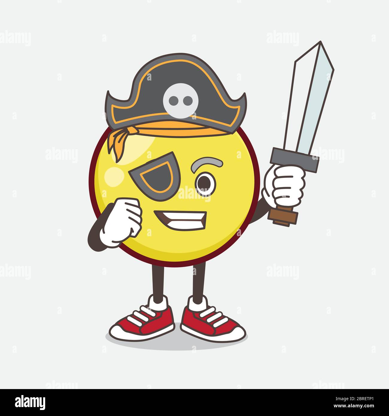 Eine Illustration von Yellow Ball Emoticon Cartoon Maskottchen Charakter im Piratenstil und trägt Hut und Schwert Stock Vektor