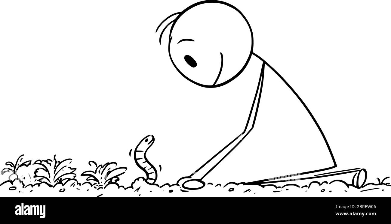 Vektor Cartoon Stick Figur Zeichnung konzeptionelle Illustration von Landwirt oder Gärtner Blick auf Tau Wurm oder Erdarbeiten auf Gartenbett oder Feld. Stock Vektor