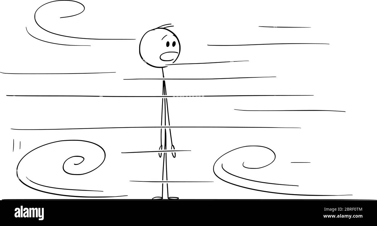Vektor Cartoon Stick Figur Zeichnung konzeptionelle Illustration von schockiert oder überrascht Mann auf etwas sehr schnell bewegen um ihn. Stock Vektor