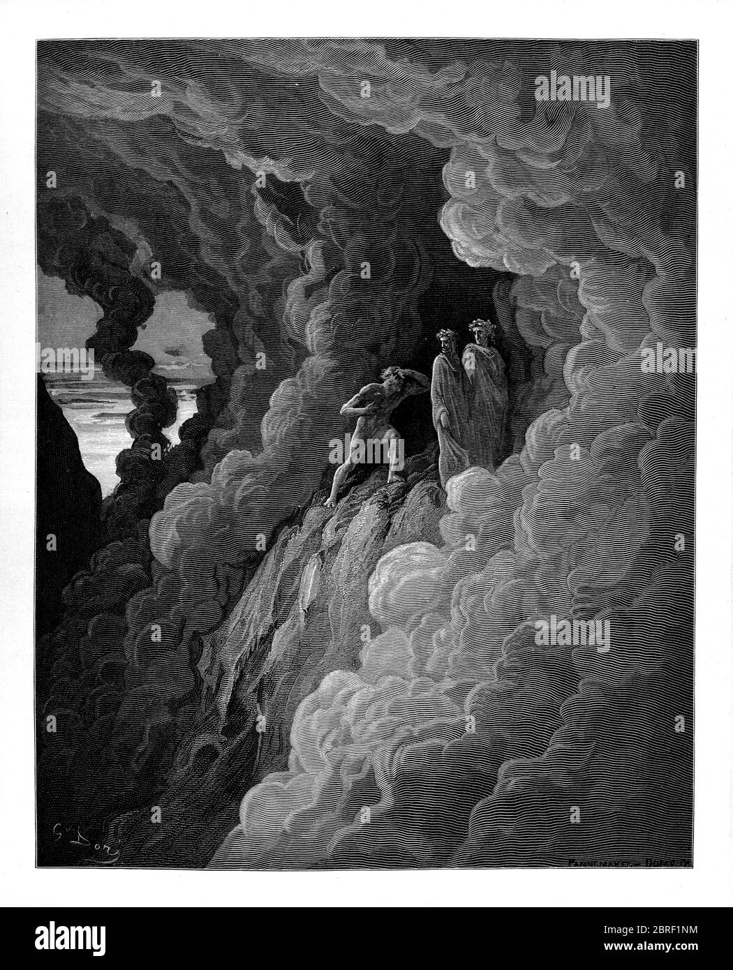 Purgatorio ("Fegefeuer") ist der zweite Teil von Dantes Göttlicher Komödie, nach dem Inferno, und vor dem Paradiso. Das Gedicht wurde im frühen 14. Jahrhundert geschrieben. Es ist eine Allegorie erzählt von der Aufstieg von Dante auf den Berg des Fegefeuers, von der römischen Dichter Virgil geführt, mit Ausnahme der letzten vier Cantos, an dem Punkt Beatrice übernimmt Dantes Führer. Das Fegefeuer in dem Gedicht wird als Berg auf der südlichen Hemisphäre dargestellt, bestehend aus einem unteren Abschnitt (Ante-Fegefeuer), sieben Ebenen des Leidens und spirituellen Wachstums (verbunden mit den sieben Todsünden) und schließlich dem irdischen P Stockfoto