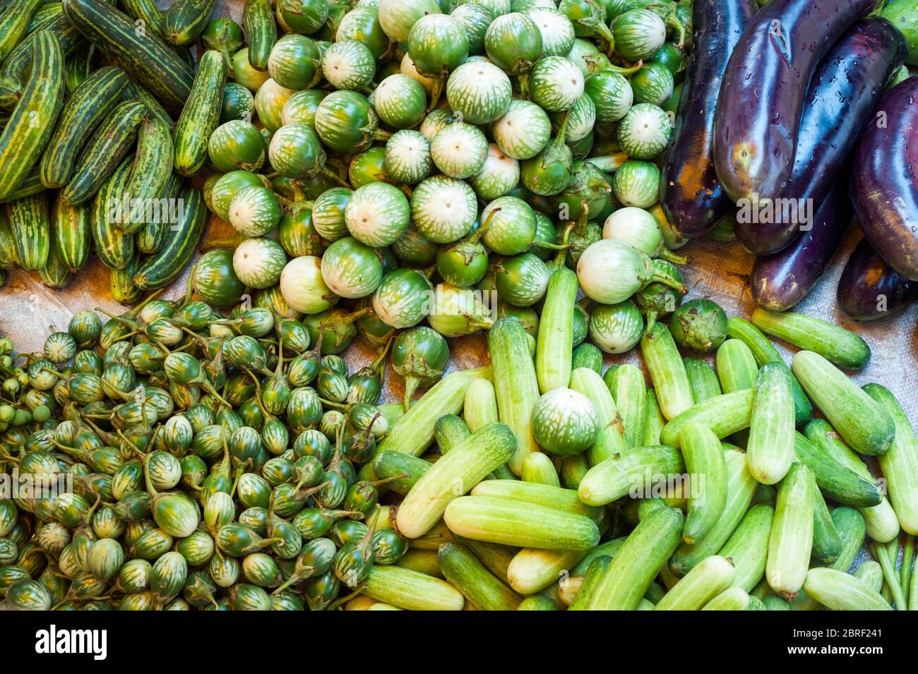 Auberginen zum Verkauf bei Psar Nat Market, Battambang, Kambodscha, Südostasien Stockfoto