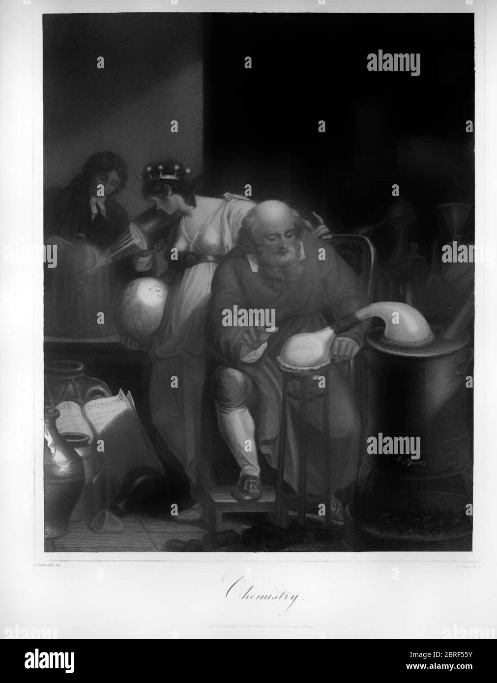 Frontispiz des 19. Jahrhunderts zur Darstellung der Chemie Kupferstich aus der Encyclopaedia Londinensis oder, Universal Wörterbuch der Künste, Wissenschaften und Literatur; Band IV; herausgegeben von Wilkes, John. Veröffentlicht in London im Jahr 1810 Stockfoto