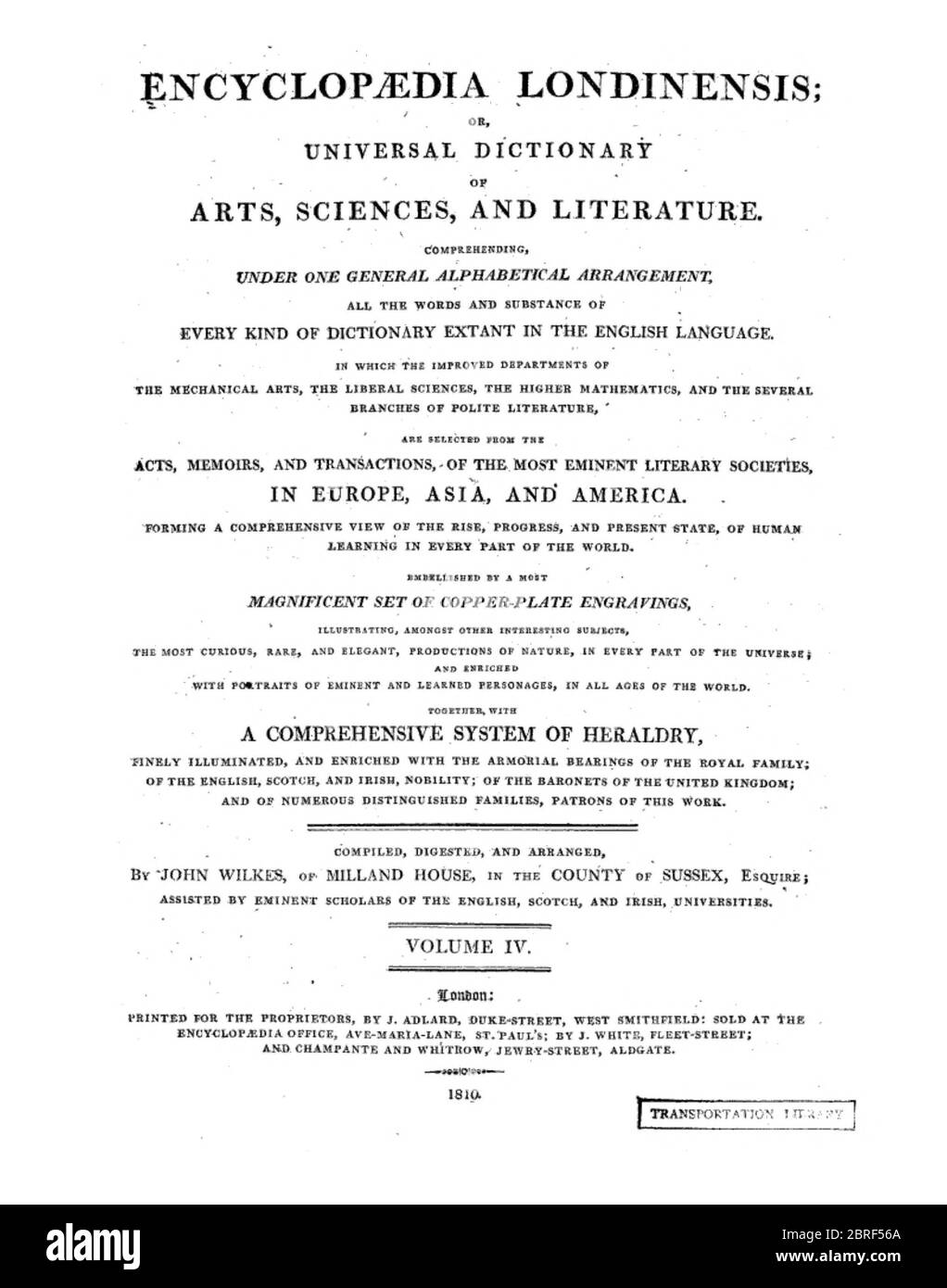Titel und Kredit-Seite aus der Encyclopedia Londinensis oder, Universal Wörterbuch der Künste, Wissenschaften und Literatur; Band IV; herausgegeben von Wilkes, John. Veröffentlicht in London im Jahr 1810 Stockfoto