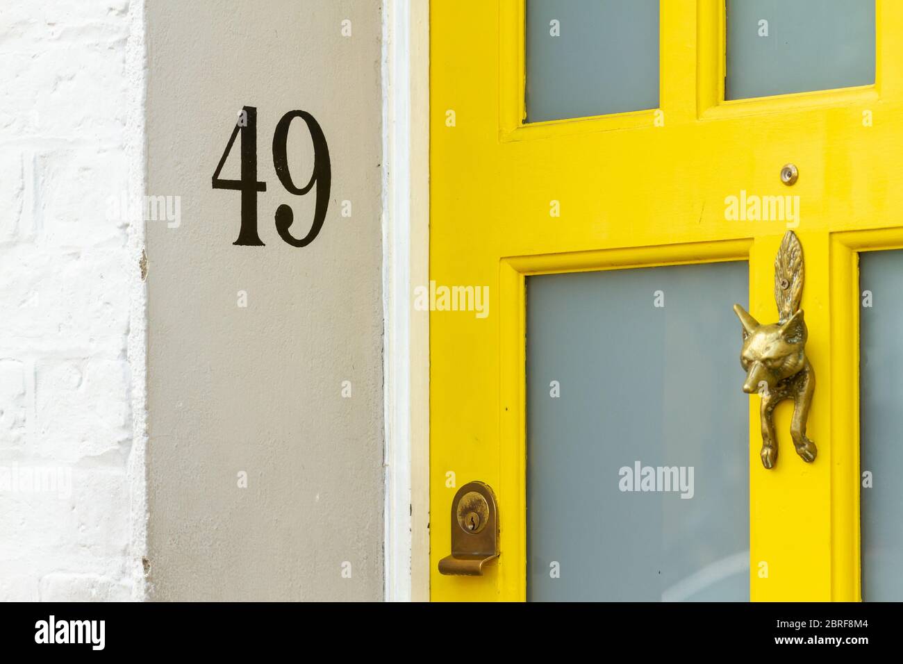 Haus Nummer 49 mit hellen Fuchs Türklopfer Stockfoto