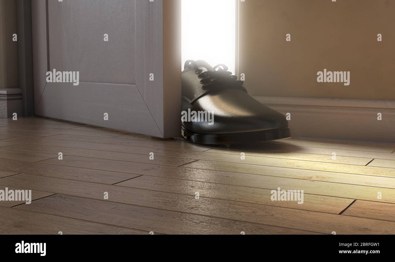 Eine realistische wörtliche Darstellung des Sprichtbildes Holen Sie sich einen Fuß in die Tür - 3D-Rendering Stockfoto