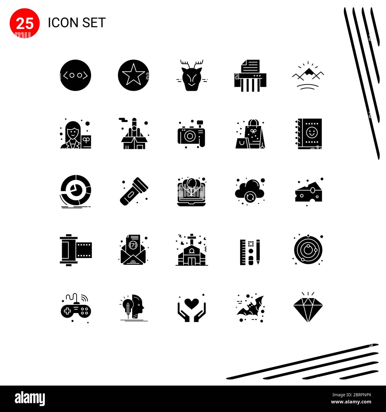 Piktogramm Set von 25 einfachen Solid Glyphen von Sonne, Berge, Alpin, Shredder, Gerät editierbar Vektor Design-Elemente Stock Vektor