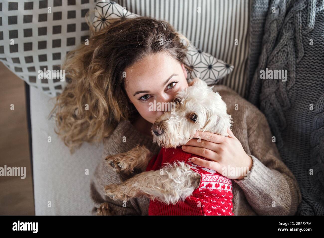 Junge Frau, die sich zuhause auf dem Sofa mit Haustier Hund entspannt. Stockfoto