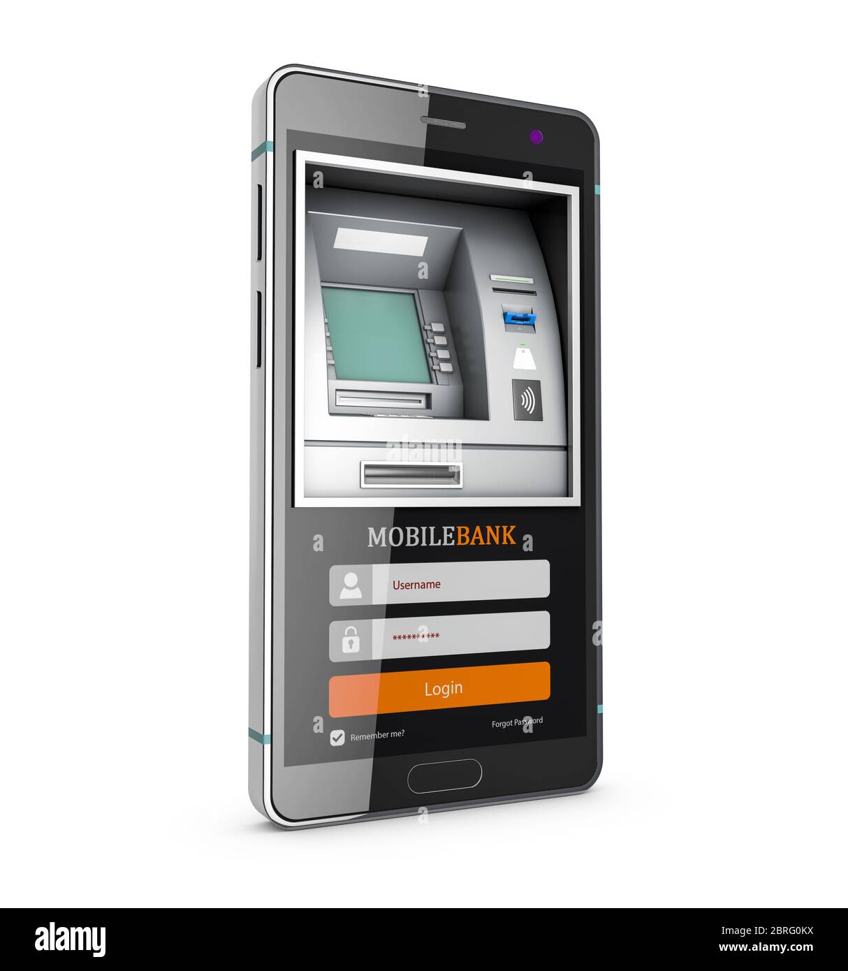 3d Rendering des Mobile Online Banking und Payment Konzepts. Smartphone als Geldautomat. Stockfoto