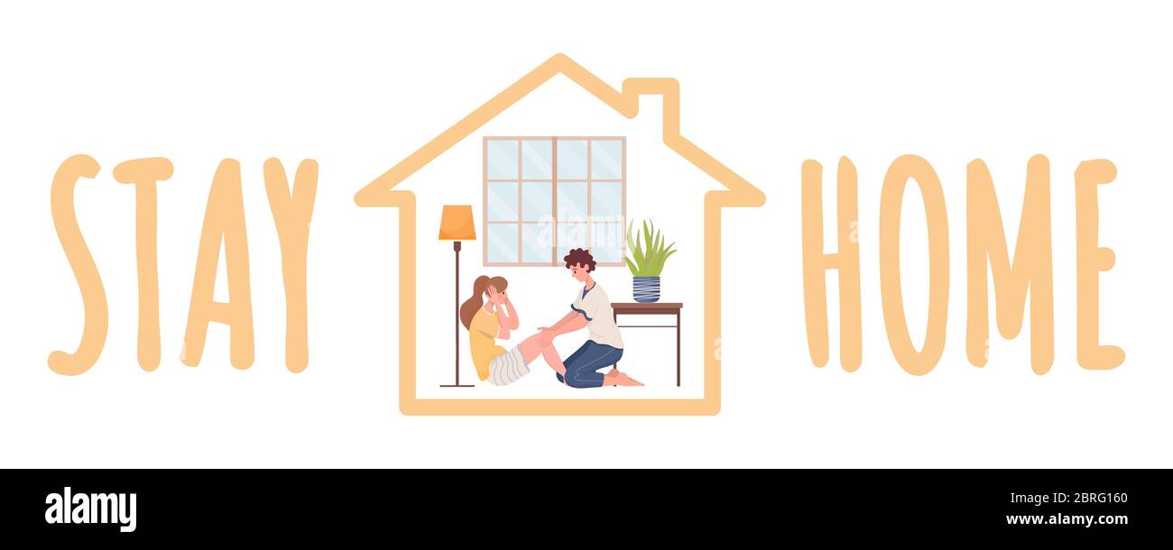 Vorlage für Vector Banner Stay Home. Junges Paar Sport zu Hause während Coronavirus Pandemie Wohnung Cartoon Illustration üben. Gesundes Leben, Yoga, Fitness entspannendes Wochenende zu Hause Kartenkonzept. Stock Vektor