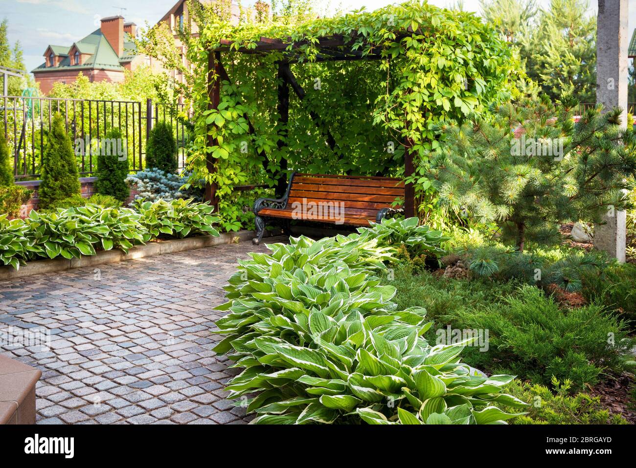 Bank im Garten. Natürlicher Landschaftsgarten. Stockfoto