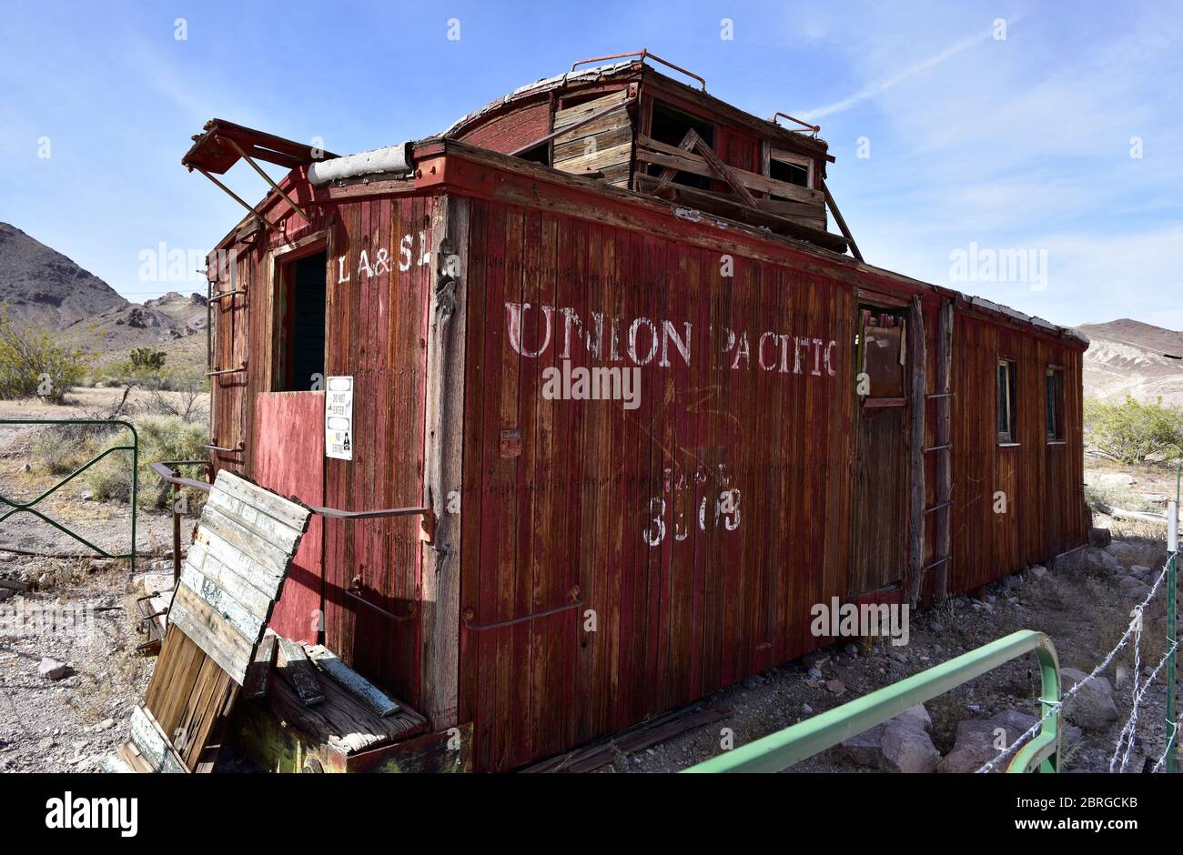 Ein alter Union Pacific Railroad Car Rhyolite Ghost Town, Beatty, Nevada. Stockfoto