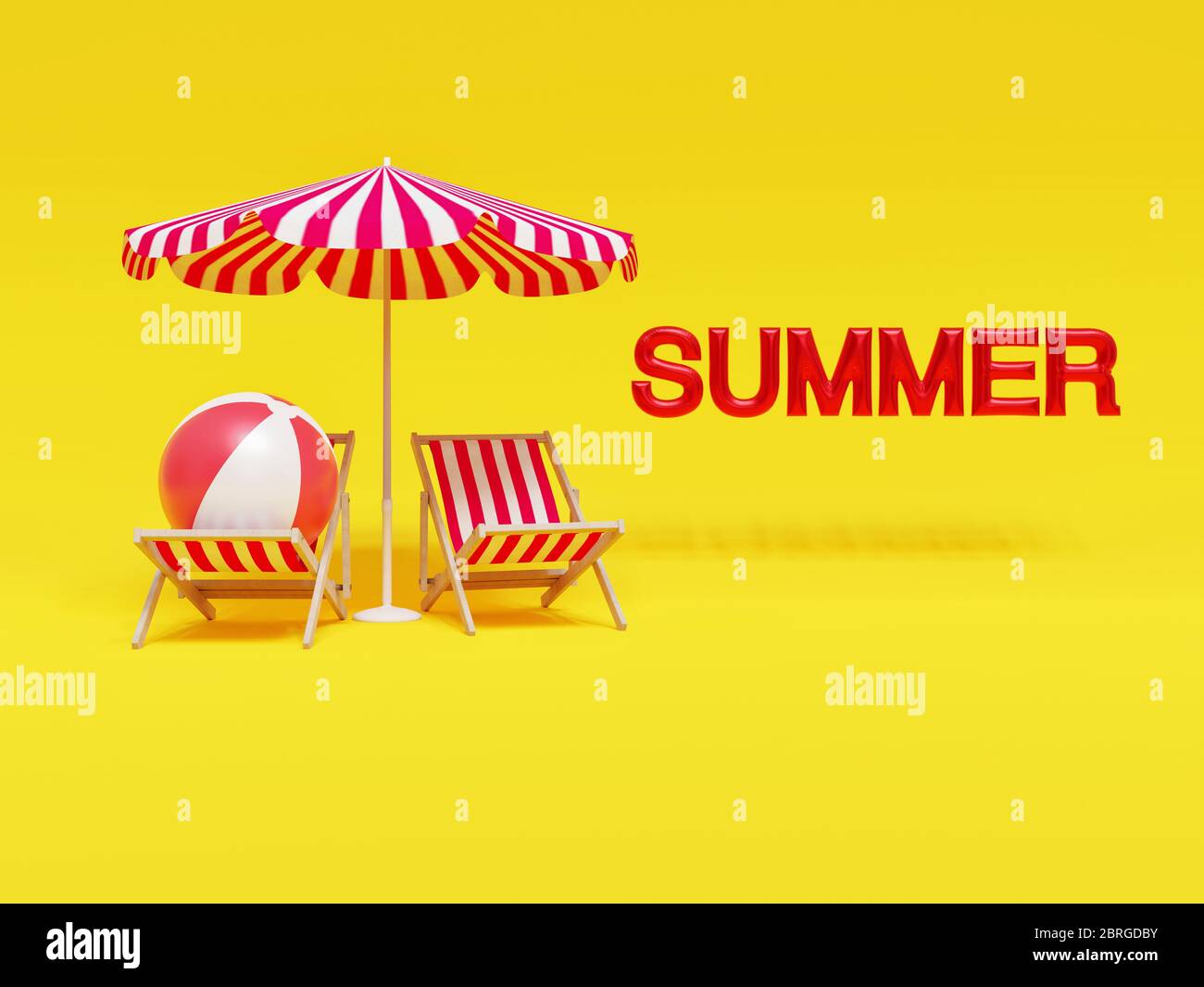 Strandliegen mit Sonnenschirm und einem Strandball in einem gelben lebendigen Hintergrund mit den Sommerbuchstaben an der Seite - 3d-Rendering-Konzept Stockfoto