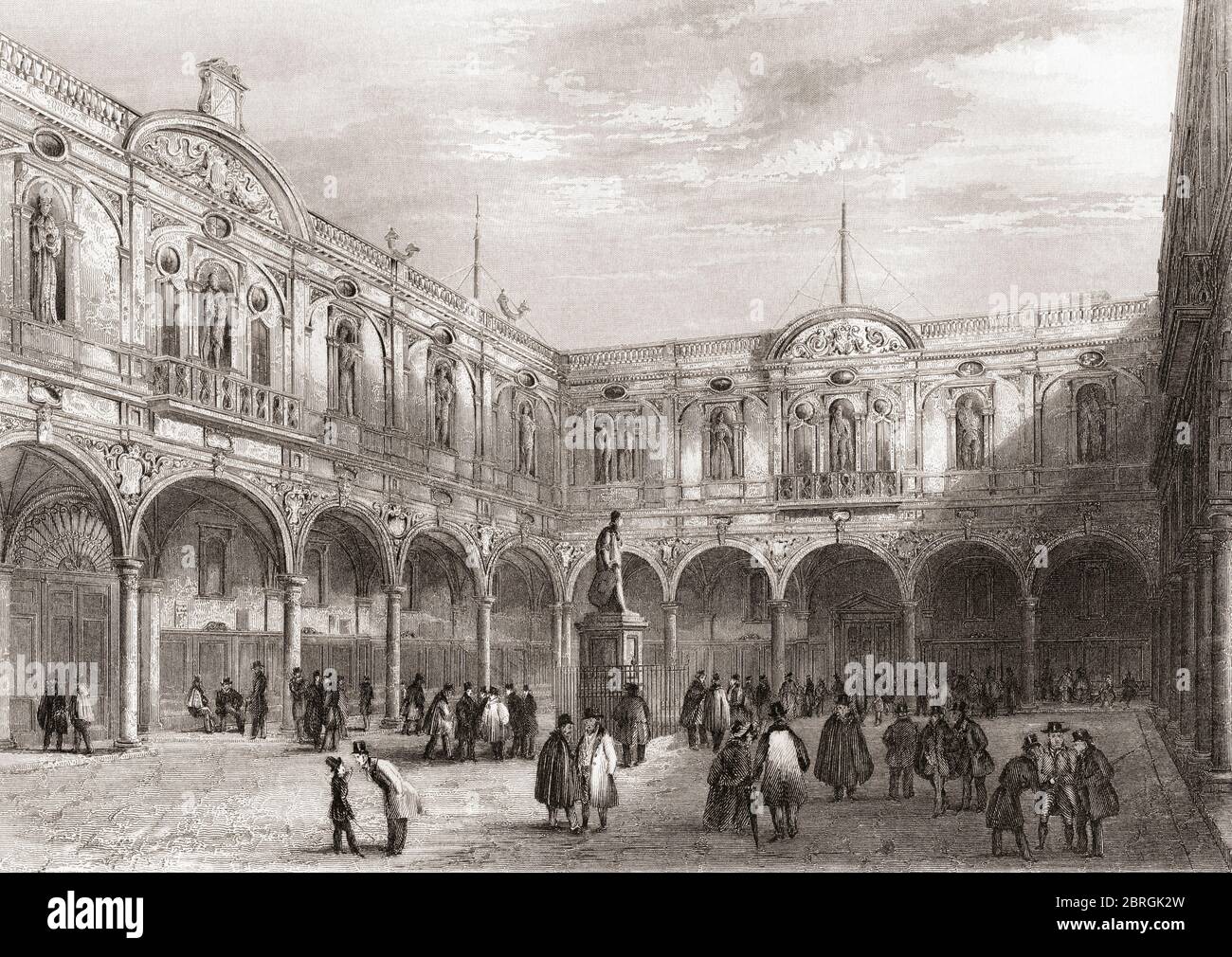 Royal Exchange, London, England, 19. Jahrhundert. Dieses Gebäude wurde 1838 durch einen Brand zerstört. Aus der Geschichte Londons: Illustriert durch Ansichten in London und Westminster, erschienen um 1838. Stockfoto