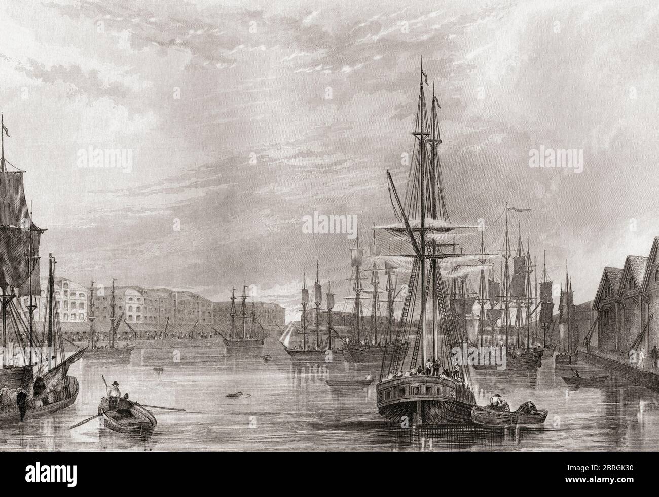 West India Dock, London, England, 19. Jahrhundert. Aus der Geschichte Londons: Illustriert durch Ansichten in London und Westminster, erschienen um 1838. Stockfoto
