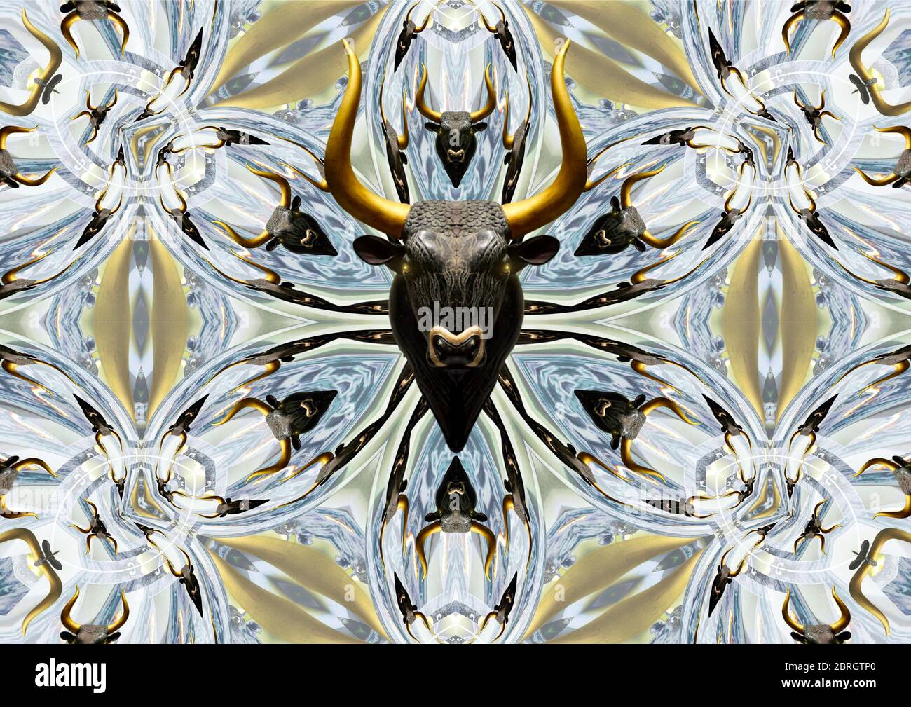 Bull Head Mandala – der Kopf des goldhörnigen Stiers mit komplexem Mandala-Hintergrund. Schamanastisch. Stockfoto