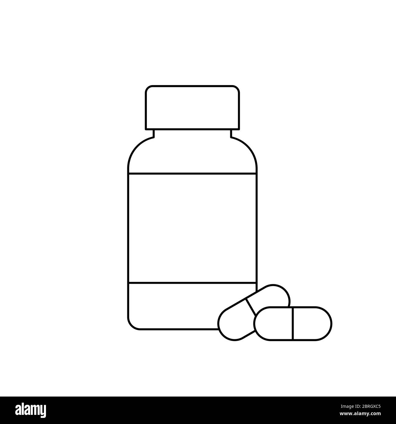 Pille Flasche dünne Linie Symbol mit zwei Kapseln Pillen. Nahrungsergänzungsmittel, Vitamine. Medikamente, Behandlung, Medikamente, Schmerzmittel Konzept. Schwarzer Umriss.Vektor Stock Vektor