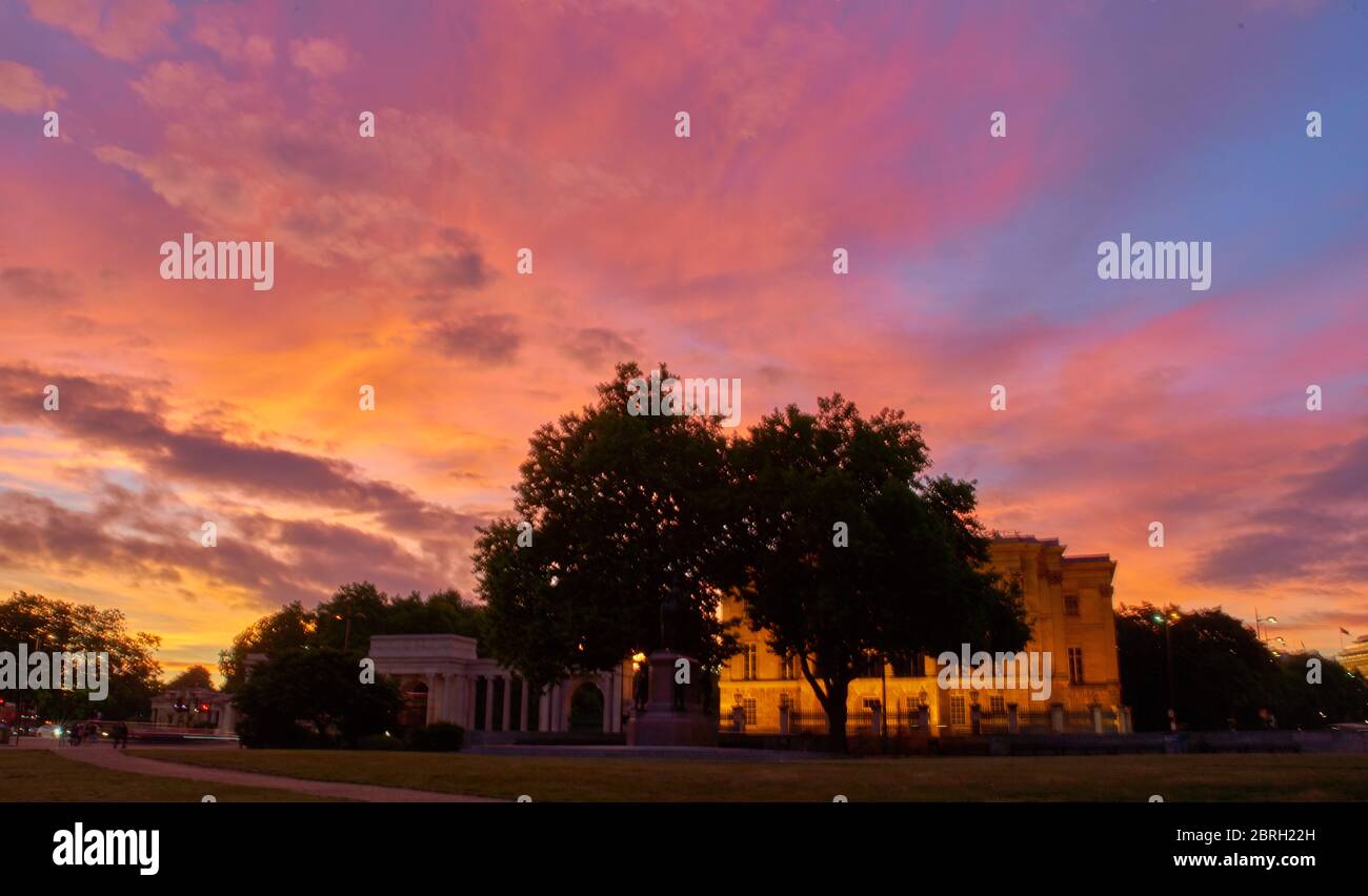 Pink Sky im Park mit Bäumen und Gebäuden Stockfoto