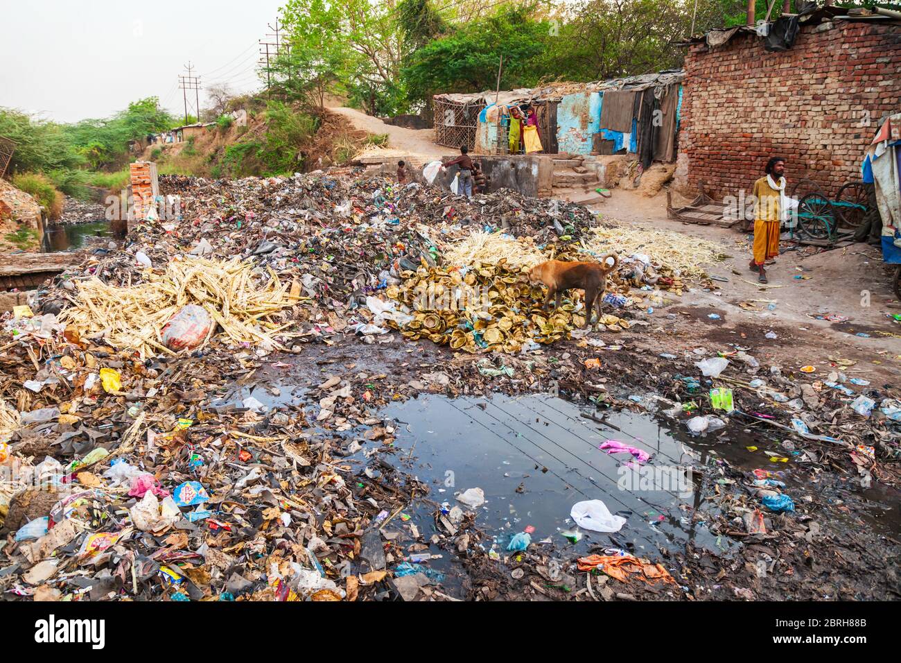 AGRA, INDIEN - 10. APRIL 2012: eine Menge Müll auf der Straße in der Stadt Agra, Uttar Pradesh in Indien Stockfoto