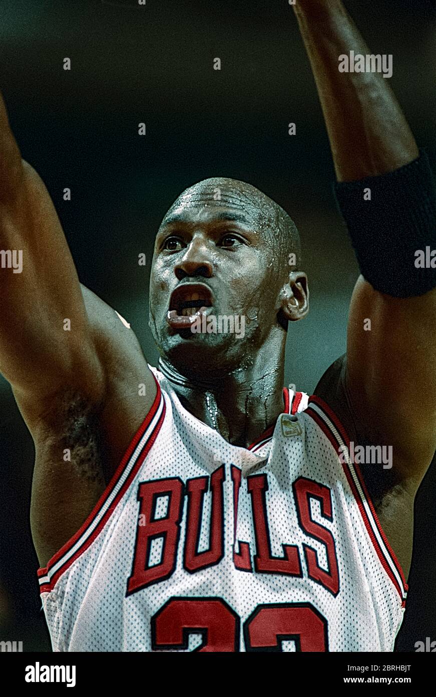 Michael Jordan im Wettbewerb um die NBA Chicago Bulls gegen die Miami Hitze im Jahr 1996. Stockfoto