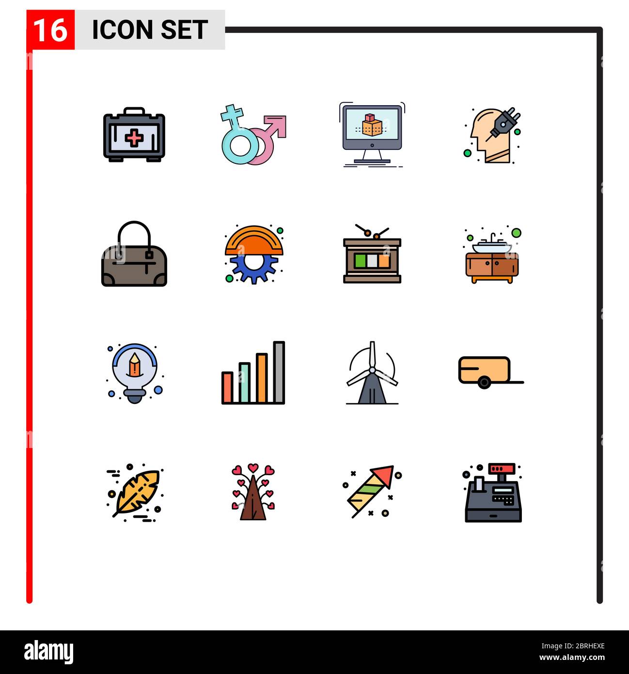 Set von 16 modernen UI-Symbole Symbole Zeichen für Tasche, Stecker, Würfel, Geist, Kopf editierbar Creative Vector Design-Elemente Stock Vektor