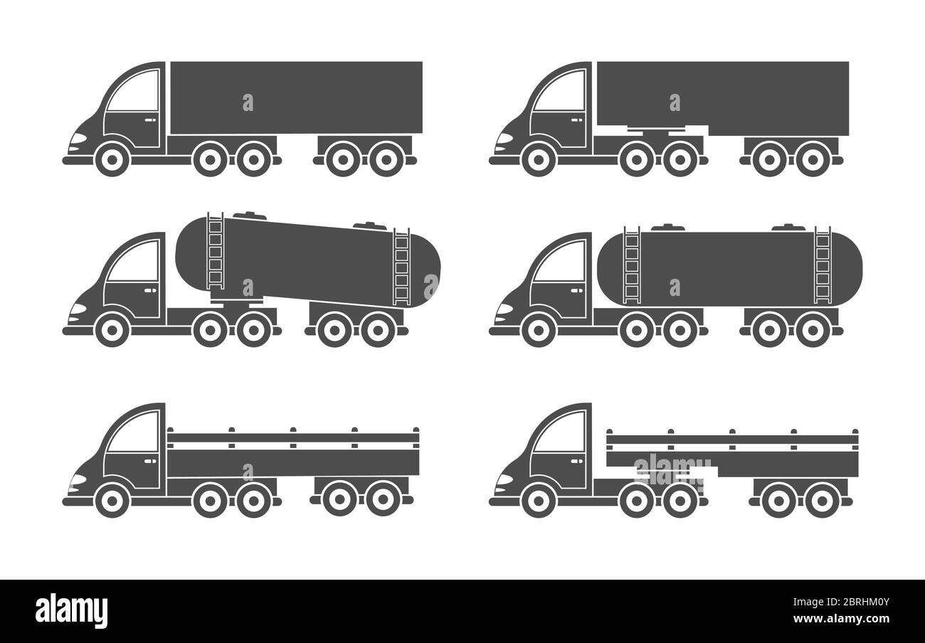 Satz von Vektor-LKW-Symbol. Einfaches Design, gefüllte Silhouette isoliert auf weißem Hintergrund. Design zum Ausmalen von Büchern, Websites und Apps Stock Vektor