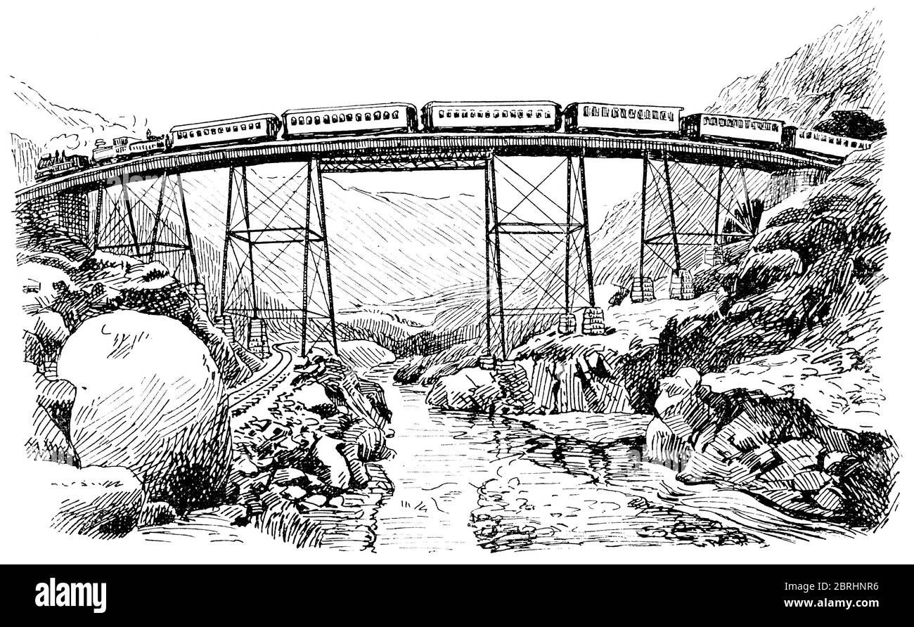 Die Geschichte der Eisenbahn. Viadukt über den Colorado River. Illustration des 19. Jahrhunderts. Weißer Hintergrund. Stockfoto