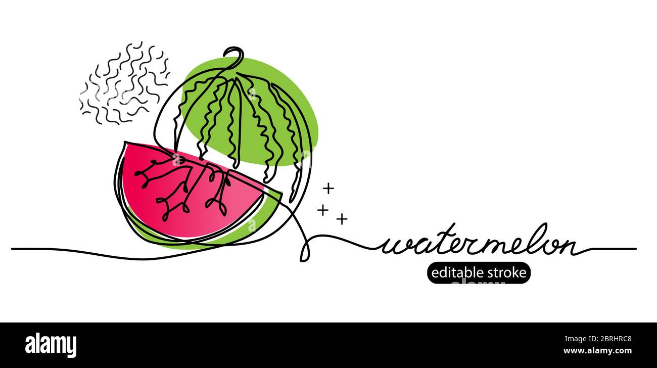 Wassermelone Vektor Skizze, Illustration, Banner im modernen memphis Stil. Eine durchgehende Strichzeichnung. Minimalistisches Banner, Hintergrund, Poster mit Stock Vektor