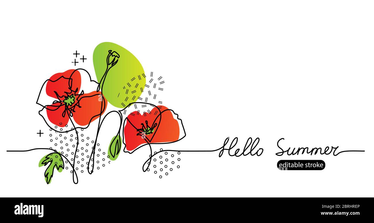 Hallo Sommer Vektor Web Banner mit Mohnblumen Blumen. Sommer floral einfache, minimalistische Skizze Illustration mit editierbarem Strich. Eine durchgehende Linie Stock Vektor