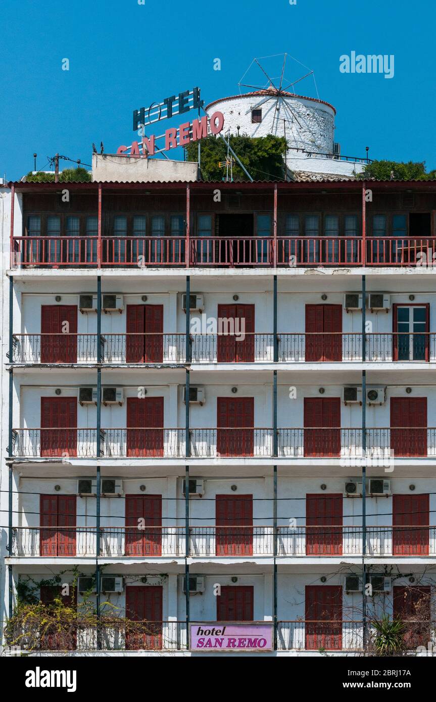 Das alte San Remo Hotel, Skiathos. Stockfoto