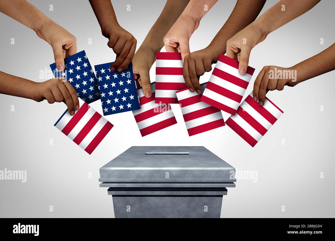 Amerikanische Gemeinschaft Stimme und US-Wahldiversitätskonzept und verschiedene Hände werfen Vereinigten Staaten Stimmzettel in einem Wahllokal als USA demokratisch. Stockfoto