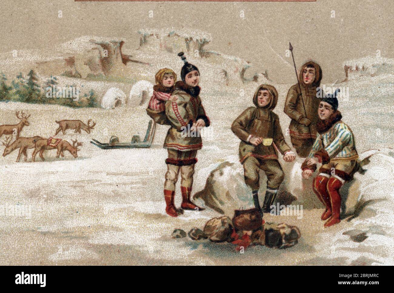 Die Familie 'Famille eskimo (inuit ou esquimau) reunie autour d'un feu sur la banquise pour partager le repas' (Eskimo (Inuit oder Eskimo) versammelt sich um eine Stockfoto