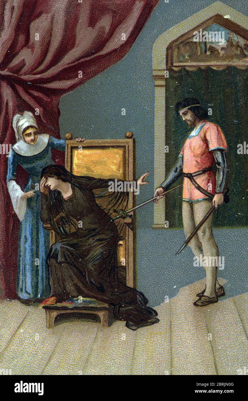 Rodrigue offre sa vie a Chimene, il lui tend l'epee couverte du sang de son pere' Illustration de la scene 4 de l'acte III de 'Le Cid' de Pierre Corn Stockfoto