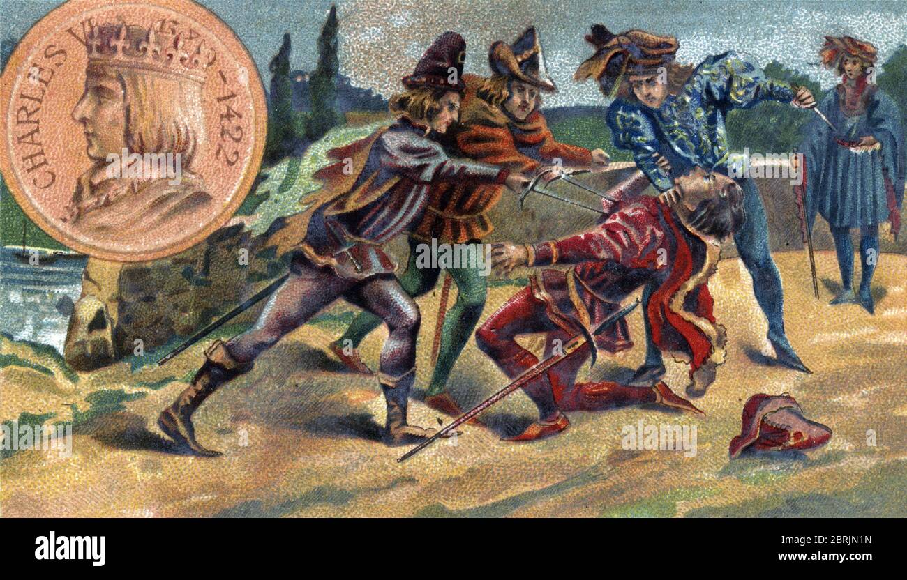 Guerre de Cent ans (Guerre civile entre Armagnacs et Bourguignons) : Assassinat de Jean Ier de Bourgogne, dit Sans Peur (1371-1419), sur le pont de Mo Stockfoto