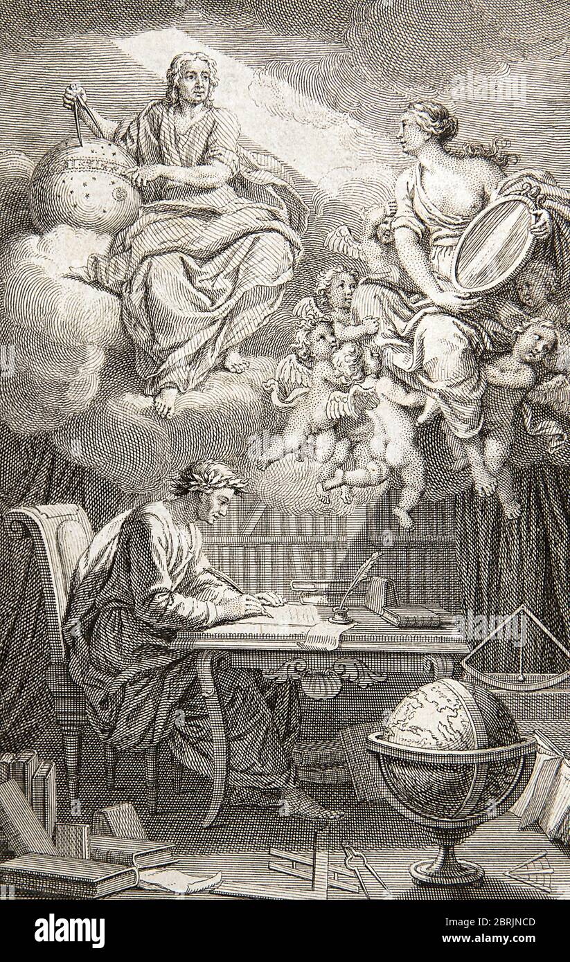 'Le philosophe Voltaire ecrivant a son Bureau, au dessus de lui Isaac Newton (1642-1727) et pres de lui Gabrielle Emilie de Breteuil, Marquise (Madame Stockfoto