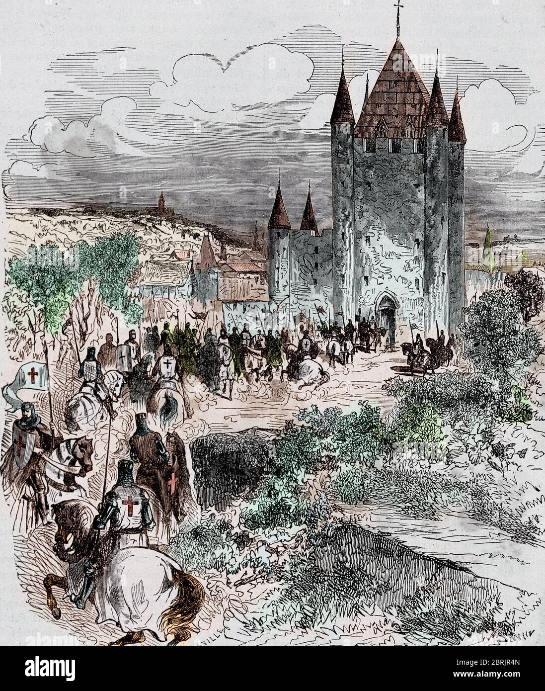 'Les chevaliers de l'ordre du Templier se dirigeant vers la forteresse du Temple a Paris, Siege de l'ordre, 12eme siecle' (die Ritter des Ordens von Stockfoto