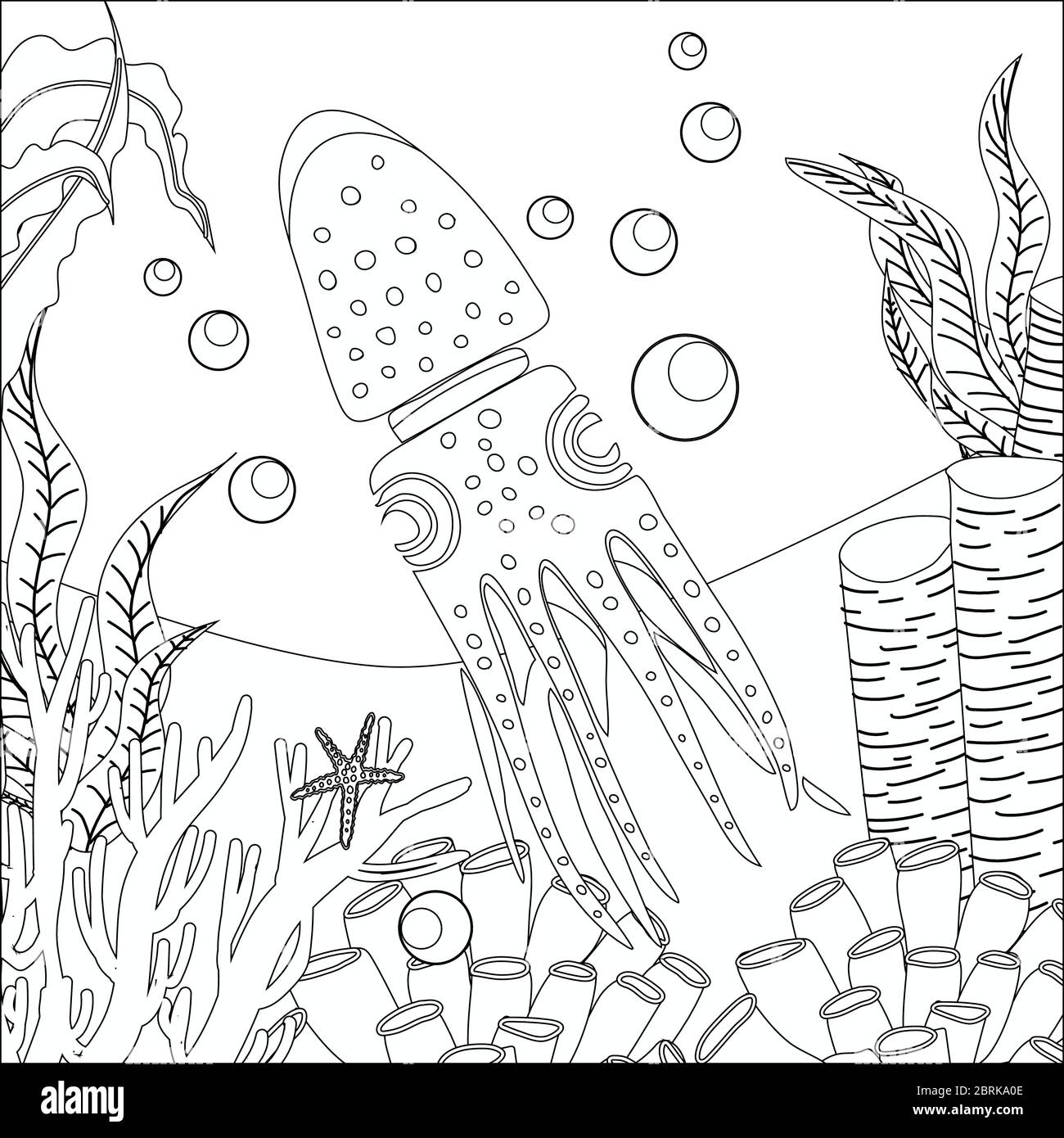 Malbuch mit dem Bild eines Kraken, Krake im zentangle Stil. Antistress Freihand Skizze Zeichnung. Malbuch für Erwachsene.Garnelen. Stock Vektor