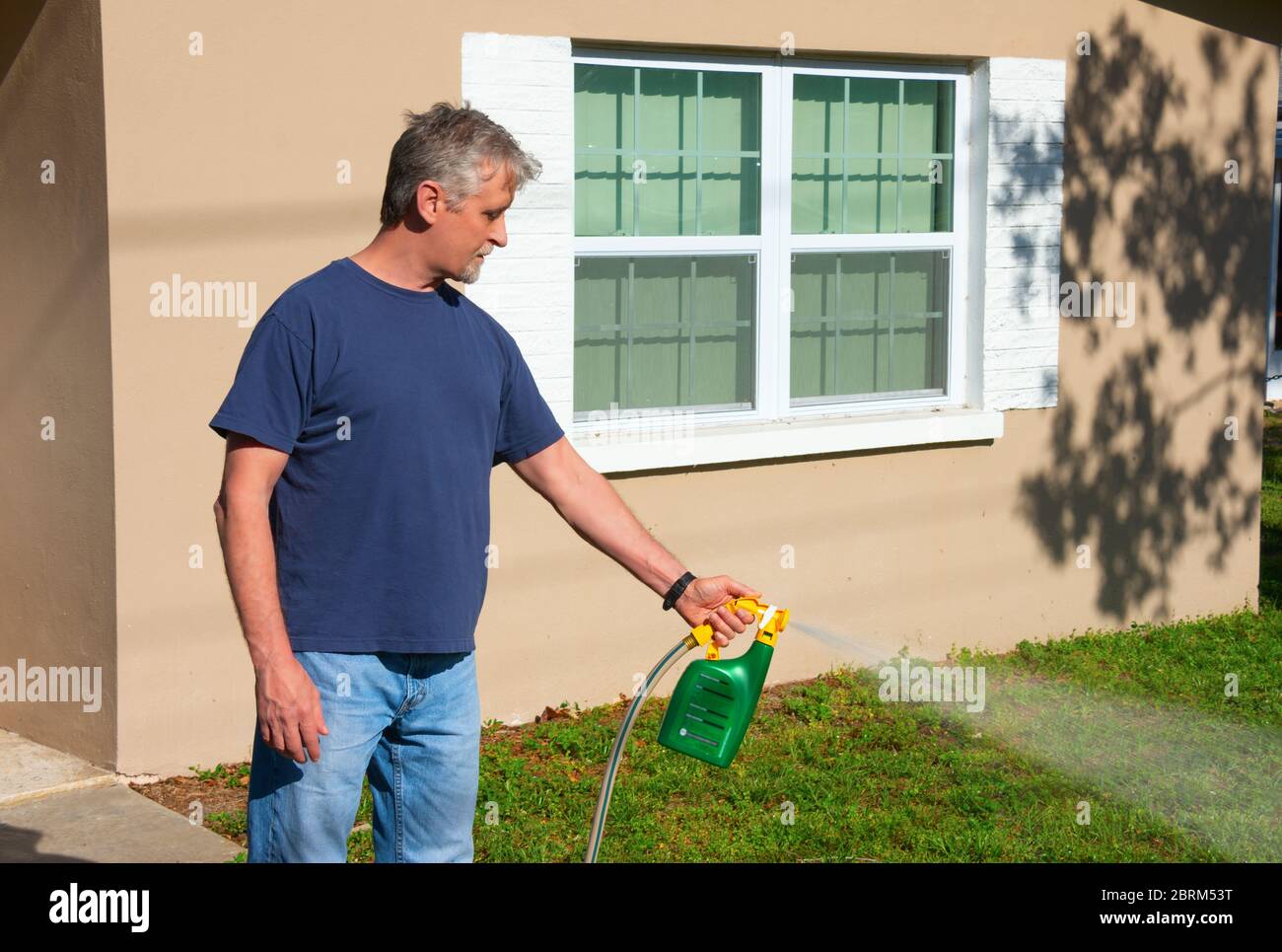 Hausbesitzer Mann sprühen Unkrautvernichter auf seinem Vorgarten mit einem Schlauch Befestigung voller Chemikalien, die Unkraut tötet und das Gras düngt. Stockfoto