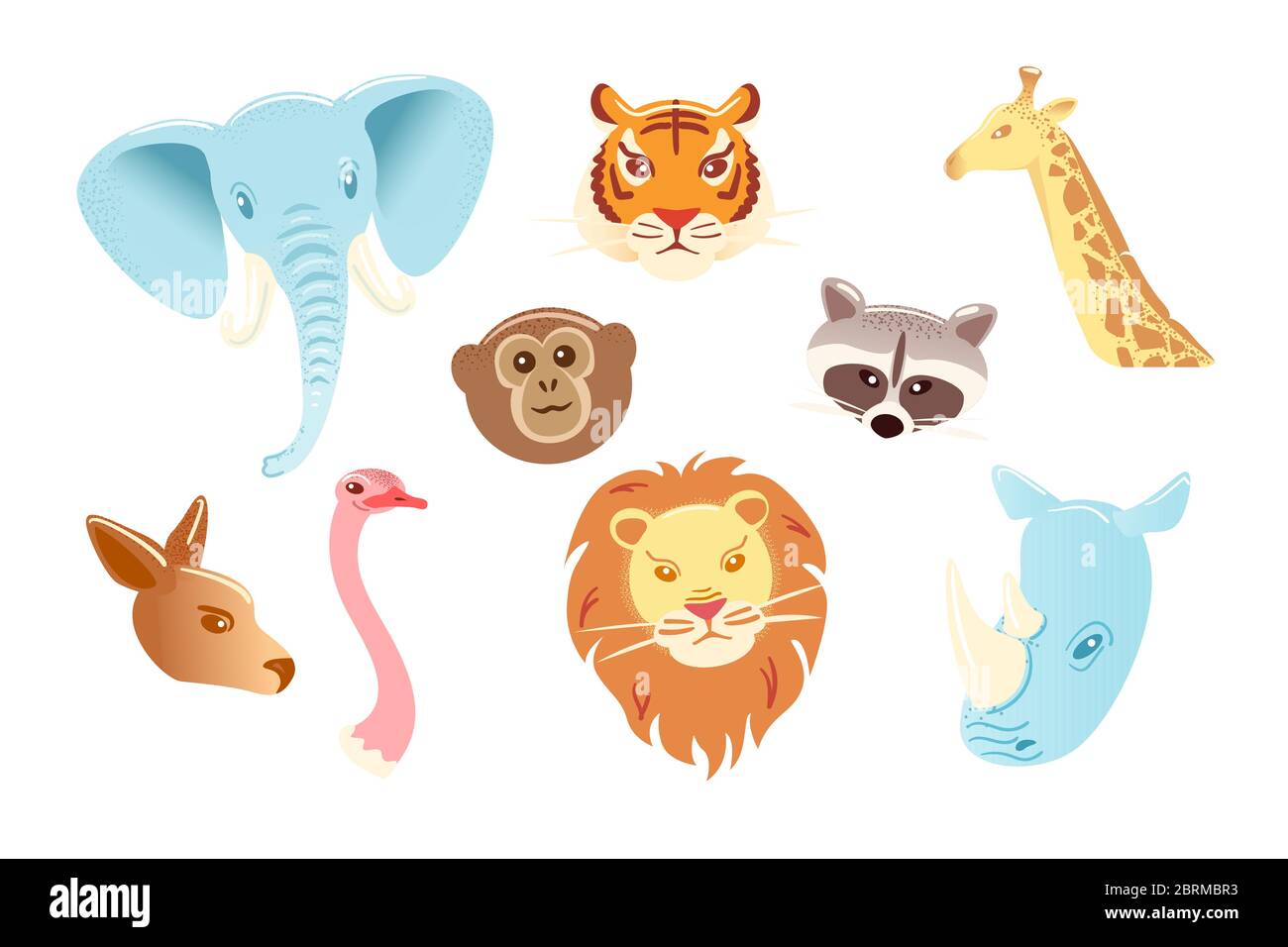 Cartoon Charakter Tiere Maske auf weißem Hintergrund isoliert gesetzt. Lustiger Zookopf. Vektorgrafik Face Objekt. Flache Kollektion Nashorn Känguru Strauß Tiger Löwe Elefant Affe Giraffe Waschbär Stock Vektor