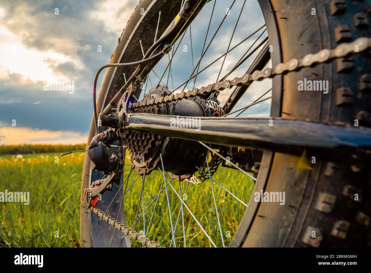 Rad eines elektrischen Fahrrads Nahaufnahme. Fatbike gegen einen schönen Himmel. Stockfoto