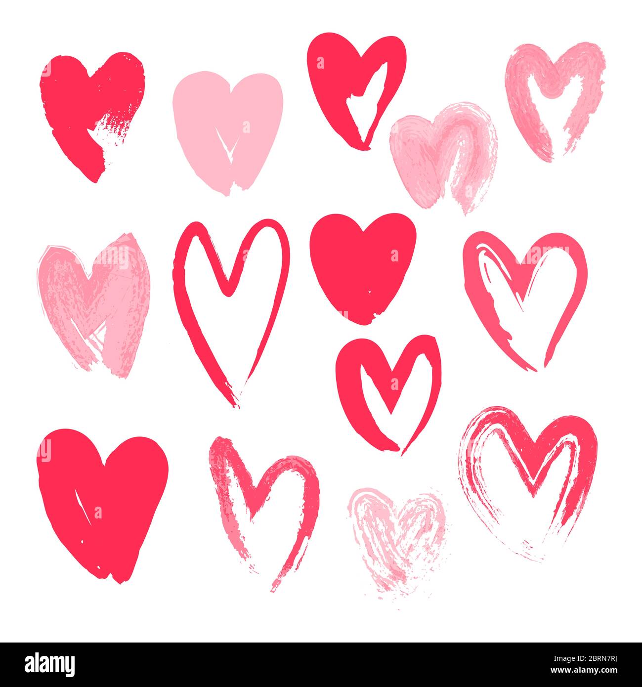 Set von Herzen mit Pinsel gemalt. Hand gezeichnete Kalligraphie Herz isoliert auf weißem Hintergrund. Stock Vektor