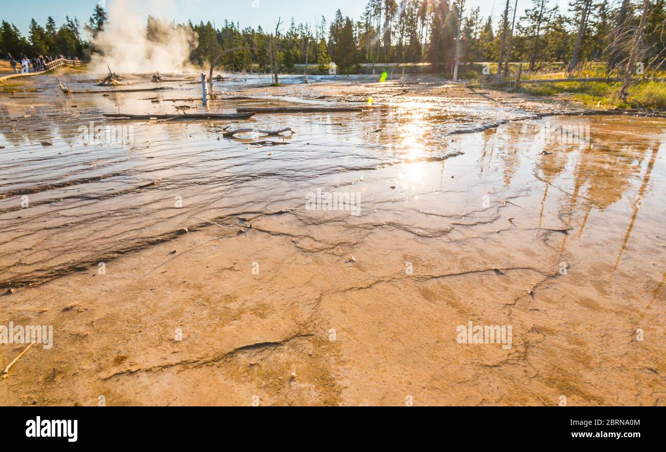 Landschaftlich schöne Aussicht auf bunte Geysire am Morgen, Yellowstone Nationalpark, USA.. Stockfoto