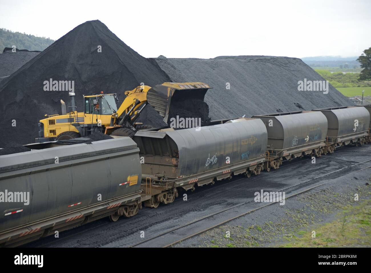 Ein Payloader füllt Eisenbahnwaggons an einem Gleisanleger mit Kohle Stockfoto