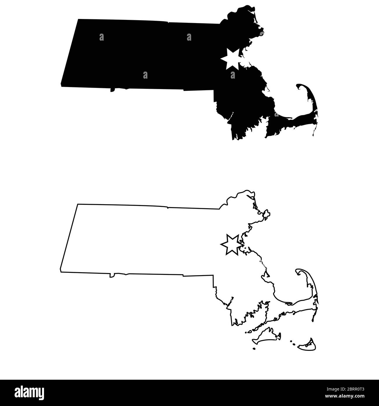 Massachusetts MA State Map USA mit Capital City Star in Boston. Schwarze Silhouette und Umriss isoliert auf weißem Hintergrund. EPS-Vektor Stock Vektor